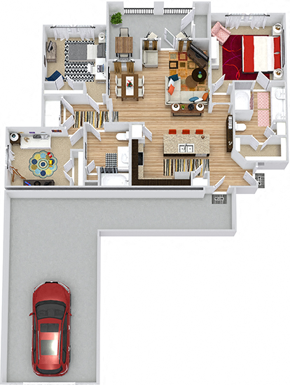 Nolan with Attached Garage 3D. 3 bedroom apartment. Kitchen with island open to living/dinning rooms. 2 full bathrooms, double vanity in master. Walk-in closets. Patio/balcony.