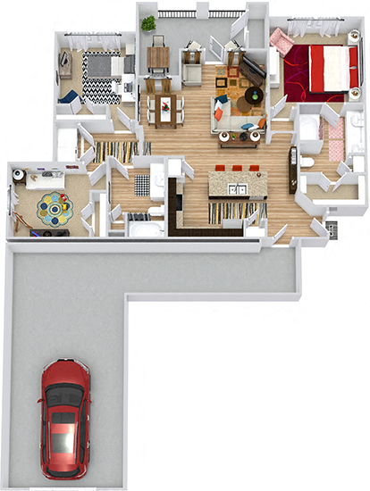 Rio Grande with Attached Garage 3D. 3 bedroom apartment. Kitchen with island open to living/dinning rooms. 2 full bathrooms, double vanity in master. Walk-in closets. Patio/balcony.