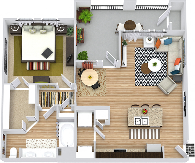 Angelina 3D. 1 bedroom apartment. Kitchen with island open to living/dinning rooms. 1 full bathroom with double vanity. Walk-in closet. Patio/balcony.