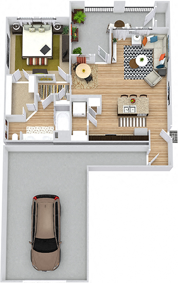 Angelina With Attached Garage 3D. 1 bedroom apartment. Kitchen with island open to living/dinning rooms. 1 full bathroom with double vanity. Walk-in closet. Patio/balcony.