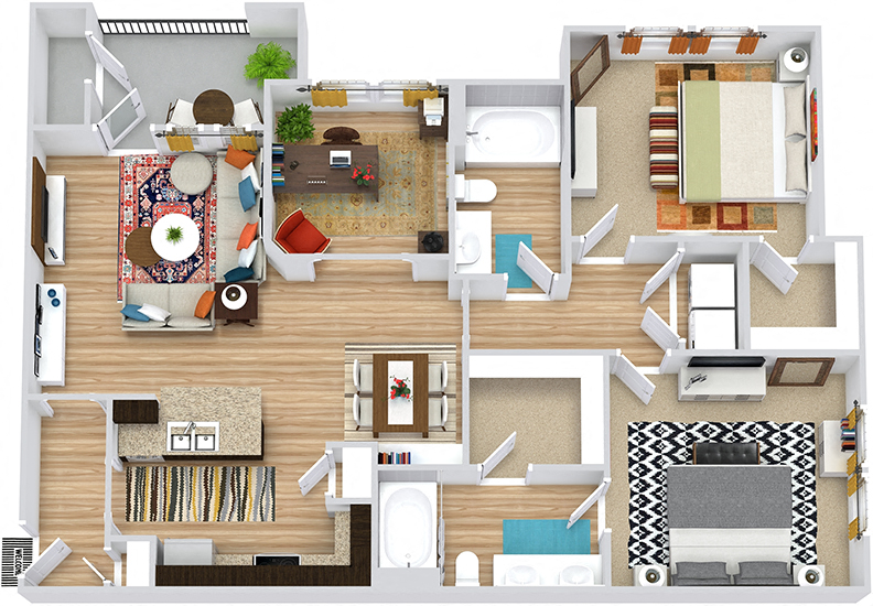 Brazos 3D. 2 bedroom apartment + study room. Kitchen with bartop open to living/dinning rooms. 2 full bathrooms, double vanity in master. Walk-in closets. Patio/balcony.