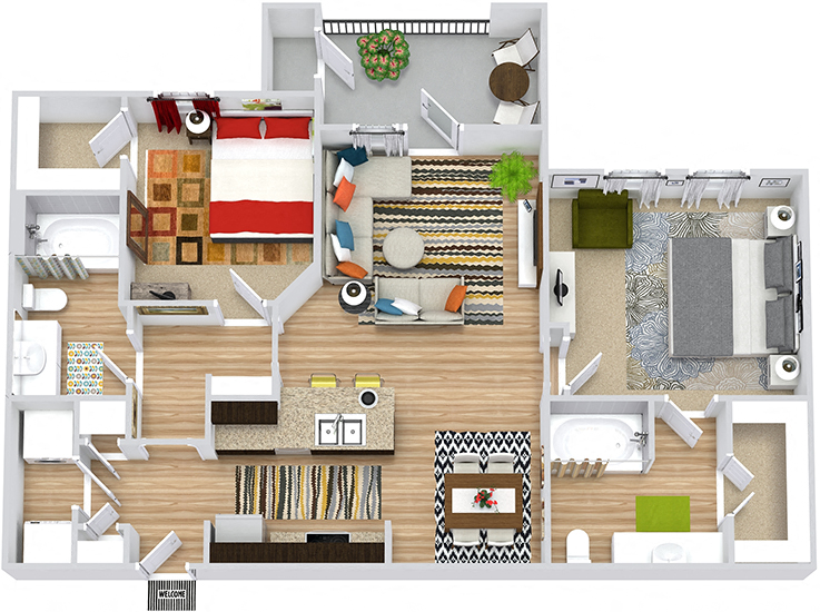 Colorado 3D. 2 bedroom apartment. Kitchen with island open to living/dinning rooms. 2 full bathrooms. Walk-in closets. Patio/balcony.