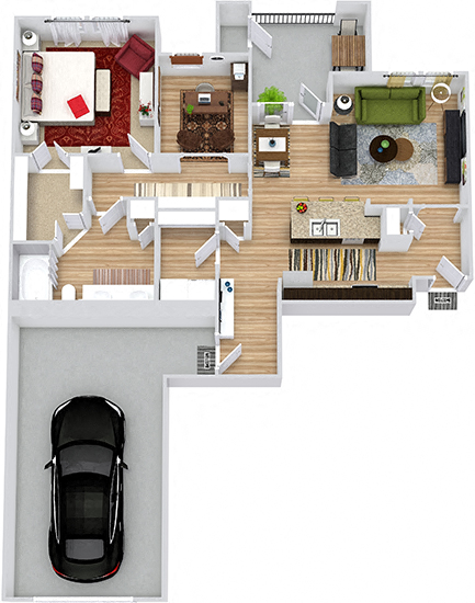 Guadalupe with Attached Garage 3D. 1 bedroom apartment with study room. Kitchen with island open to living/dinning rooms. 1 full bathroom with double vanity. Walk-in closet. Patio/balcony.