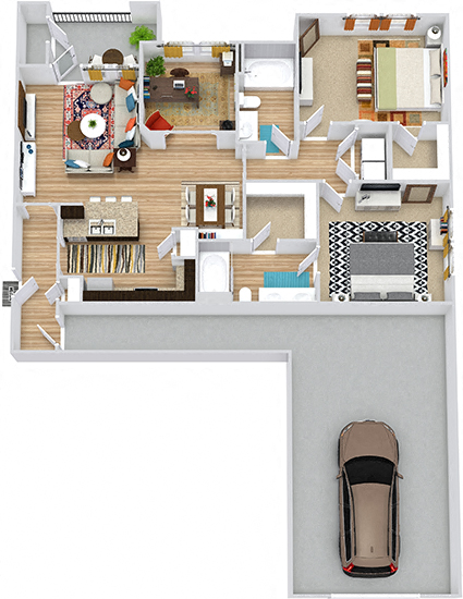 Leon with Attached Garage 3D. 2 bedroom apartment + study room. Kitchen with bartop open to living/dinning rooms. 2 full bathrooms, double vanity in master. Walk-in closets. Patio/balcony.