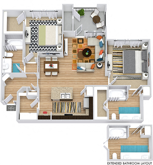 Pecos 3D. 2 bedroom apartment. Kitchen with island open to living/dinning rooms. 2 full bathrooms, double vanity in master. Walk-in closets. Patio/balcony.