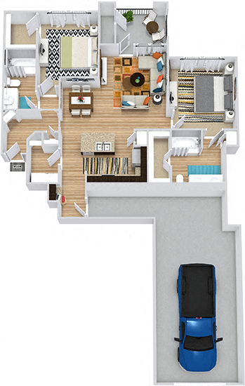 Pecos with Attached Garage 3D. 2 bedroom apartment. Kitchen with island open to living/dinning rooms. 2 full bathrooms, double vanity in master. Walk-in closets. Patio/balcony.