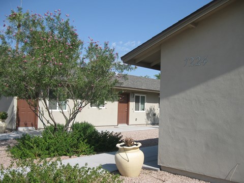 a side view of a house with a potted plant in front of it