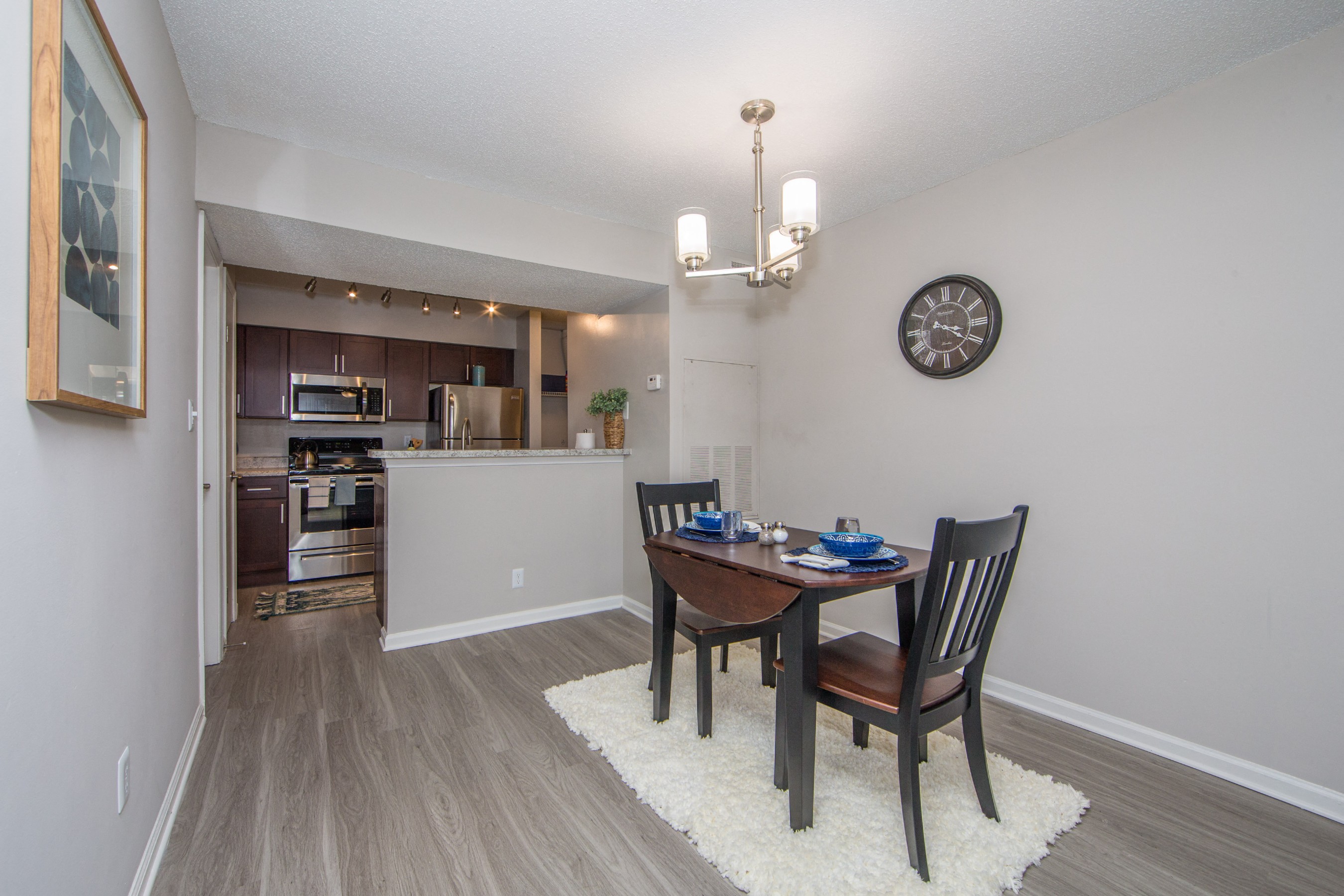 Dining room looking into kitchen at St. Croix Apartments in Virginia Beach VA