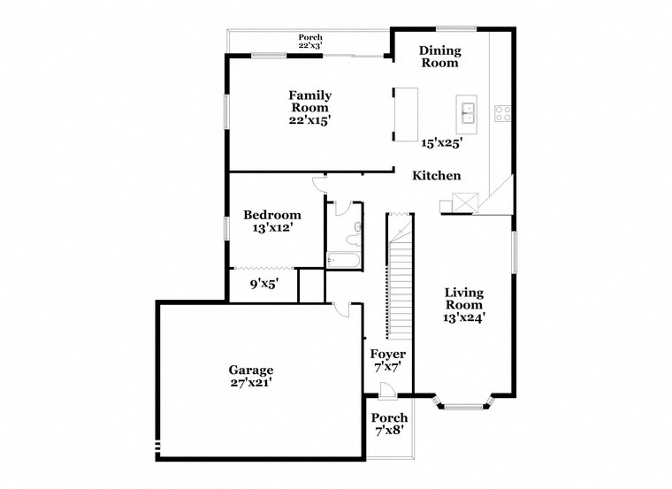 a floor plan of a house with two bedrooms and a kitchen