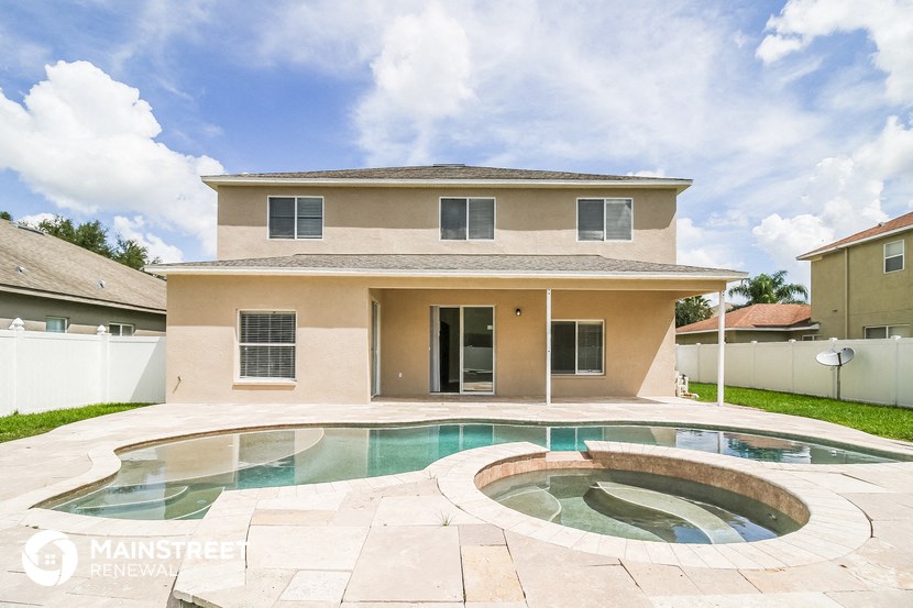 a pool in front of a house with a pool