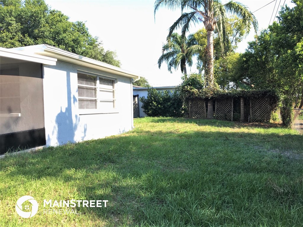 a backyard with a shed and palm trees