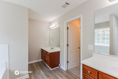 a bathroom with a sink and a mirror and a shower