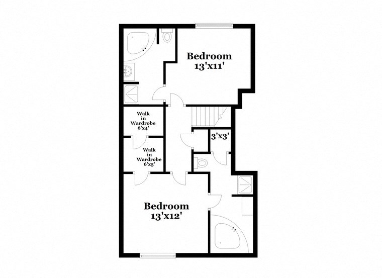 the floor plan for the second level of the home has two bedrooms and two baths