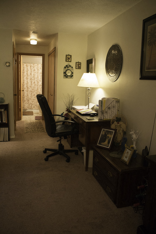 a home office with a desk and a chair and a lamp