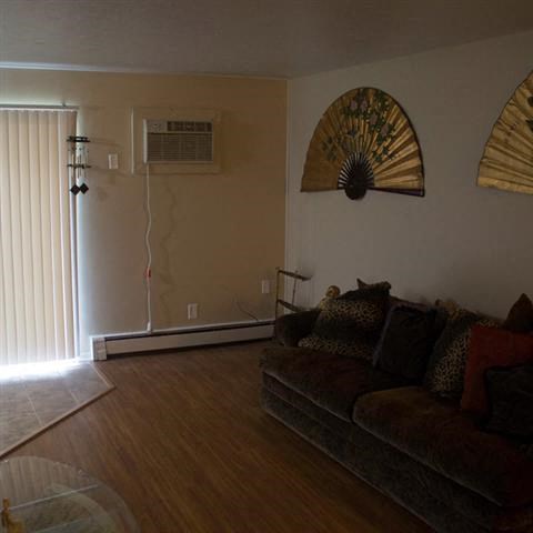 a living room with a couch and a window