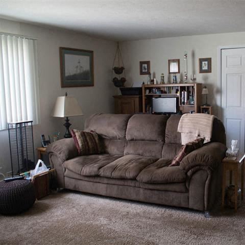 a living room with a brown couch
