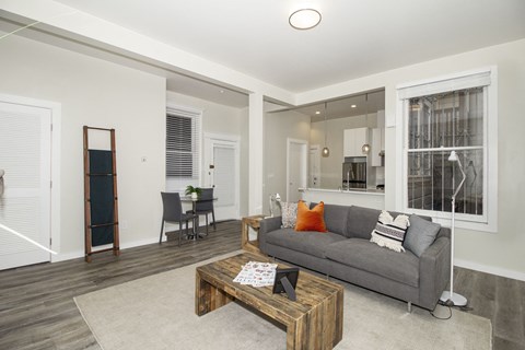 a living room with a couch and a coffee table