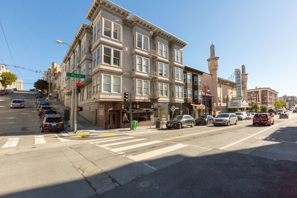 a building on the corner of a city street