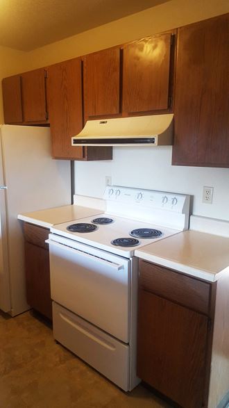 Stove with oven and range hood, cabinets, and refrigerator