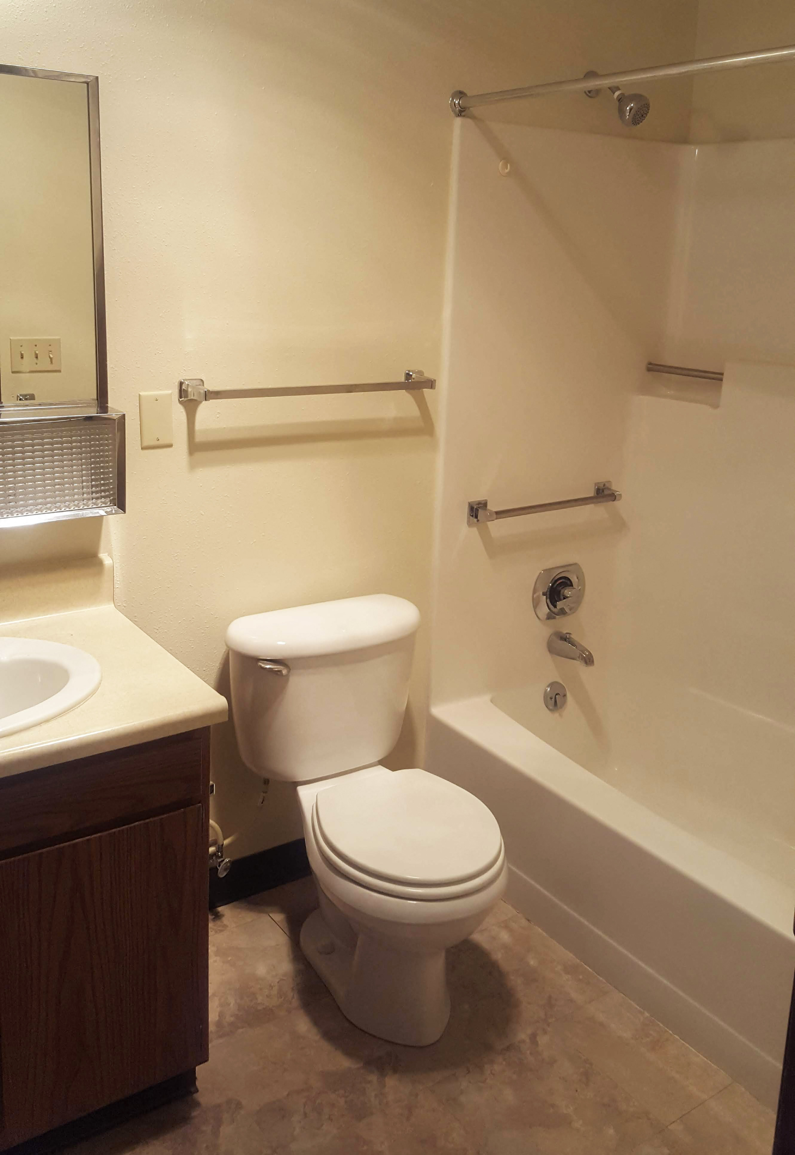 An image showing a toilet, a bathtub, a towel rack, a sink with a cabinet, and a mirror