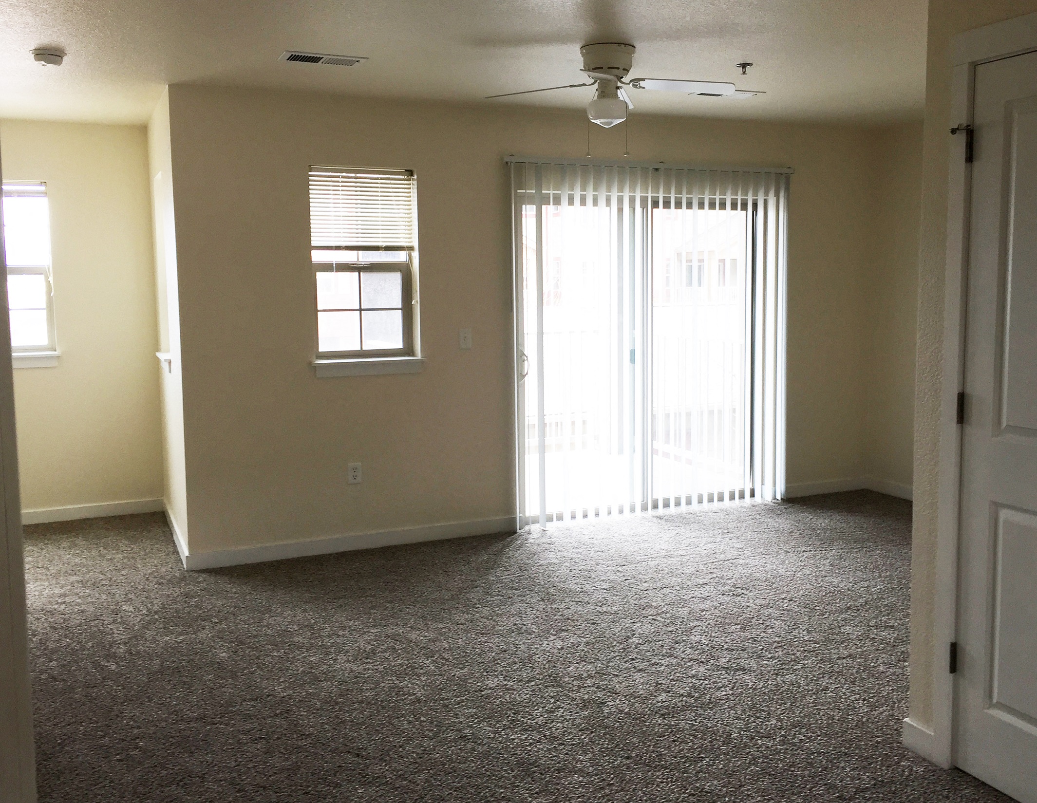 A room with a carpeted floor, a ceiling fan, and a window with blinds.