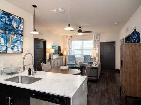 view of the kitchen and living room from the kitchen island