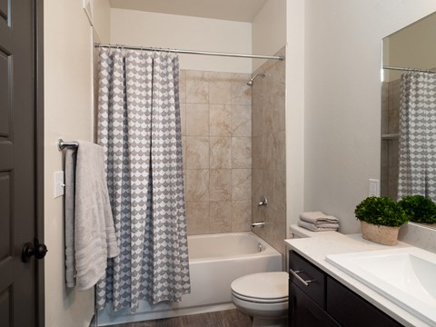 a bathroom with a shower and a sink and a toilet