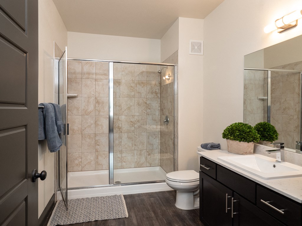 a bathroom with a shower and a sink and a toilet