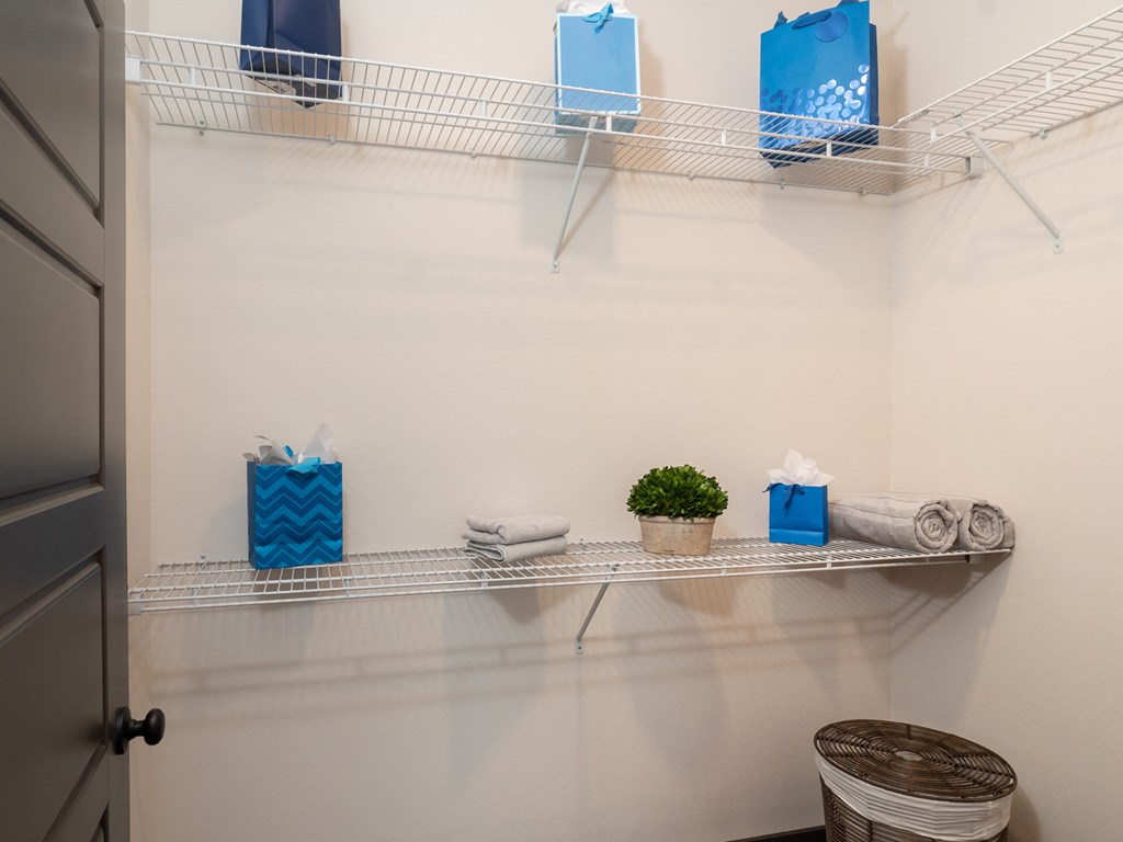 a laundry room with shelves and towels and plants and a closet with a door