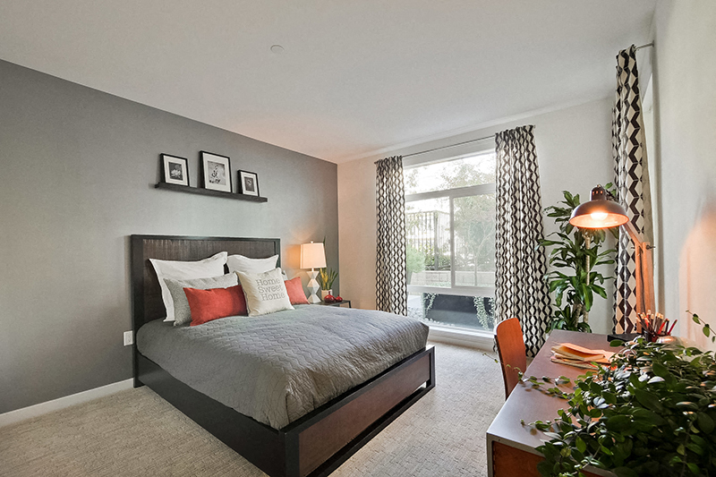 Three-Bedroom Apartments in Campbell, CA - Revere Campbell - Bedroom with Grey Comforter Set, Study Desk, and Large Window