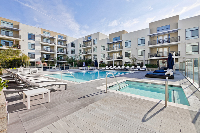 Pet-Friendly Apartments in Campbell, CA - Revere Campbell - Large Pool with Jacuzzi, Lounge Chairs, and Blue Cabanas