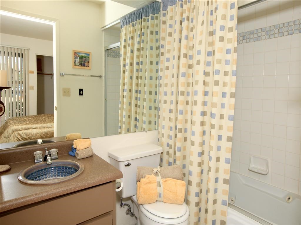 a bathroom with a shower curtain and a toilet and a sink