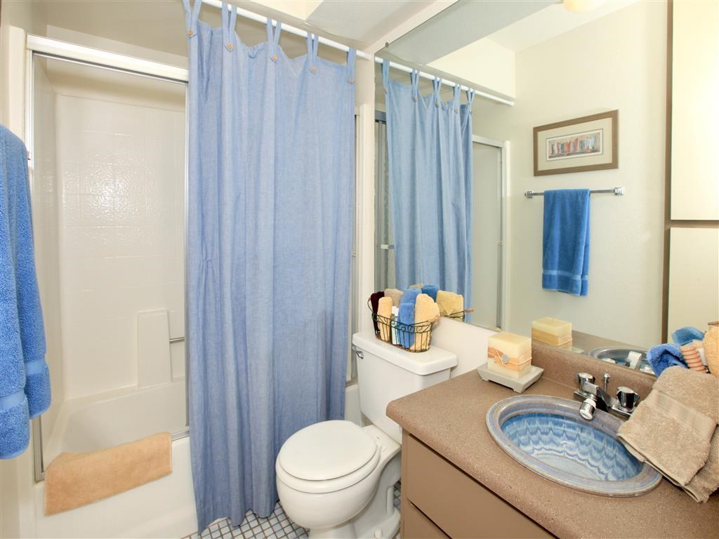 a bathroom with a blue shower curtain and a toilet