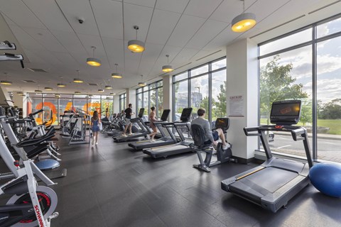 a gym with cardio equipment and people on treadmills