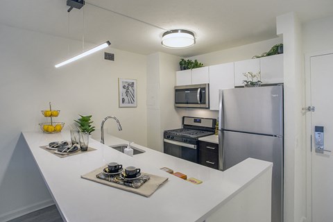 a kitchen with stainless steel appliances and a sink