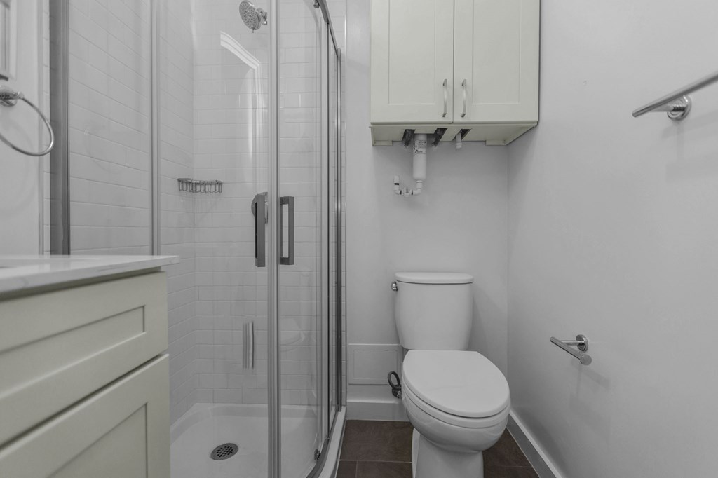 a white bathroom with a shower and a toilet