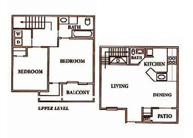 Apartments in Irving, TX 2 story townhome, 2 bedrooms, 2 bathrooms, living room, dining room, kitchen, private patio on the ground level, and private balcony on the upper level (1000 sq. ft.)