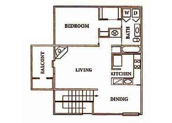 Apartments in Irving, TX 1 bedroom, 1 bathroom with walk-in closet, kitchen, living room, dining space, and private balcony (800 sq. ft.)