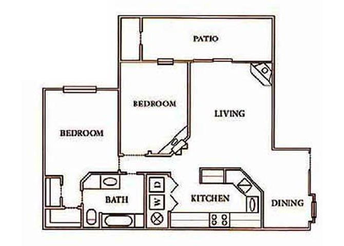 Apartments in Irving, TX 1 bedroom, 1 bathroom with walk-in closet, kitchen, living room, dining space, and large private patio (900 sq. ft.)