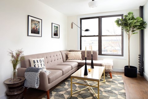 A living room with a brown couch and a coffee table.