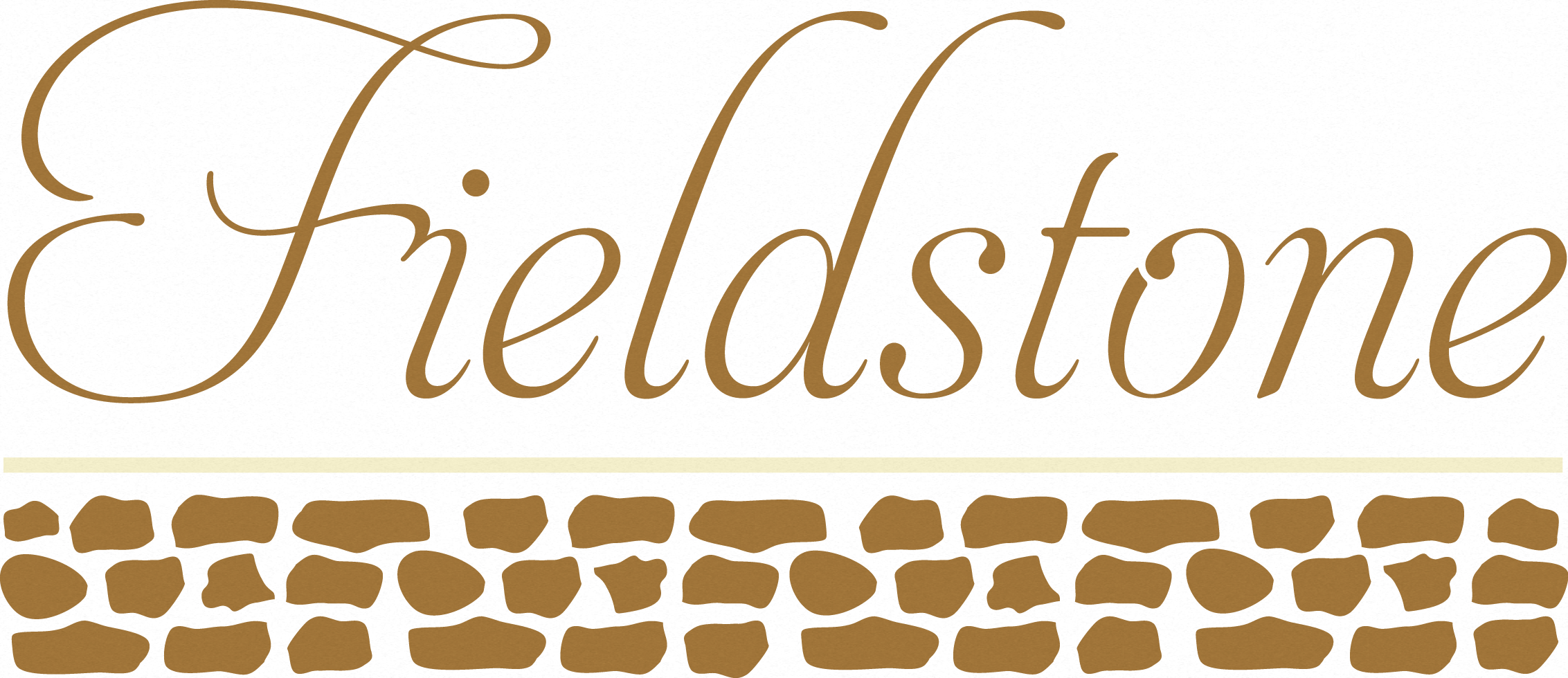 The image displays the word "Fieldstone" in a cursive font, with a decorative line beneath it and a pattern of stones below that line.