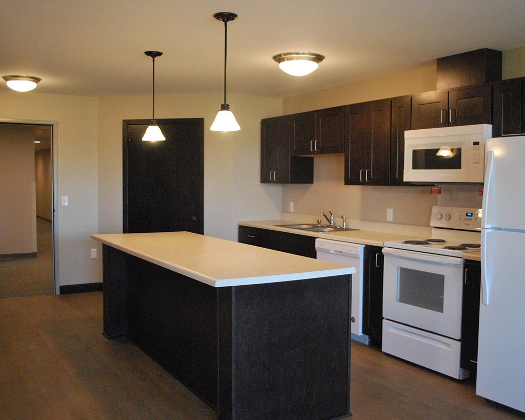a kitchen with white appliances and black cabinets