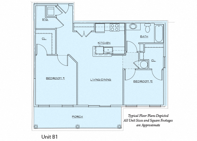 Homes on Johnsons Pond Floor Plan Diagram B1- 2 Bedroom, 1 Bathroom