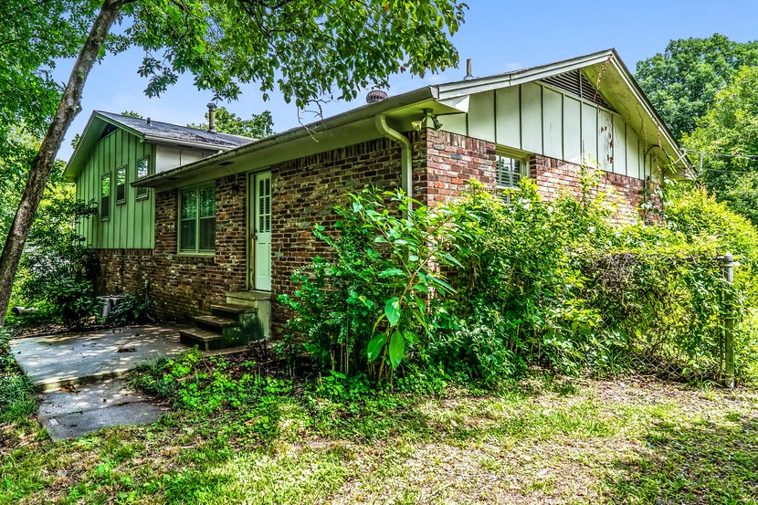 a green and brick house with weeds in front of it