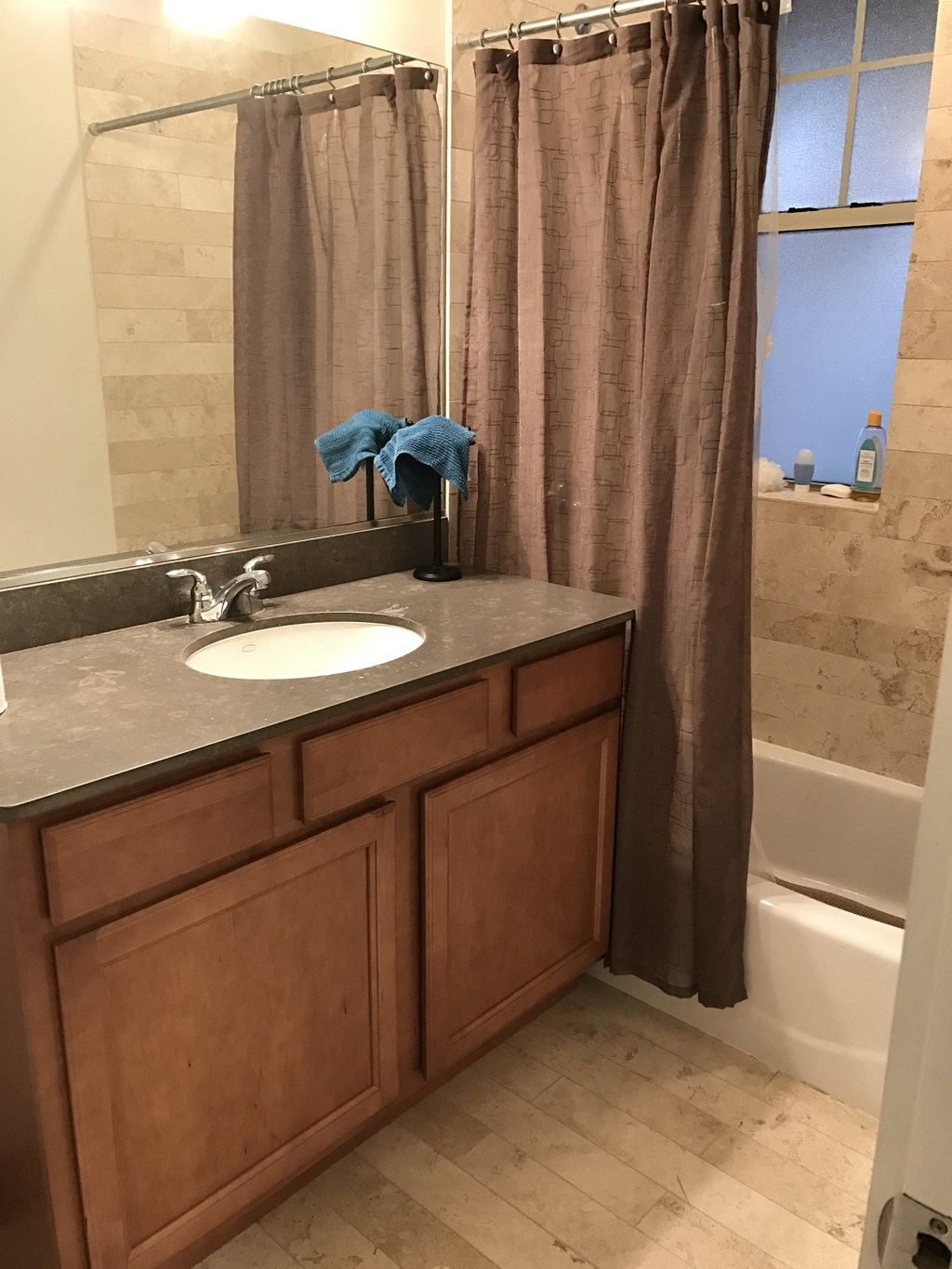 a bathroom with a sink and a shower and a tub