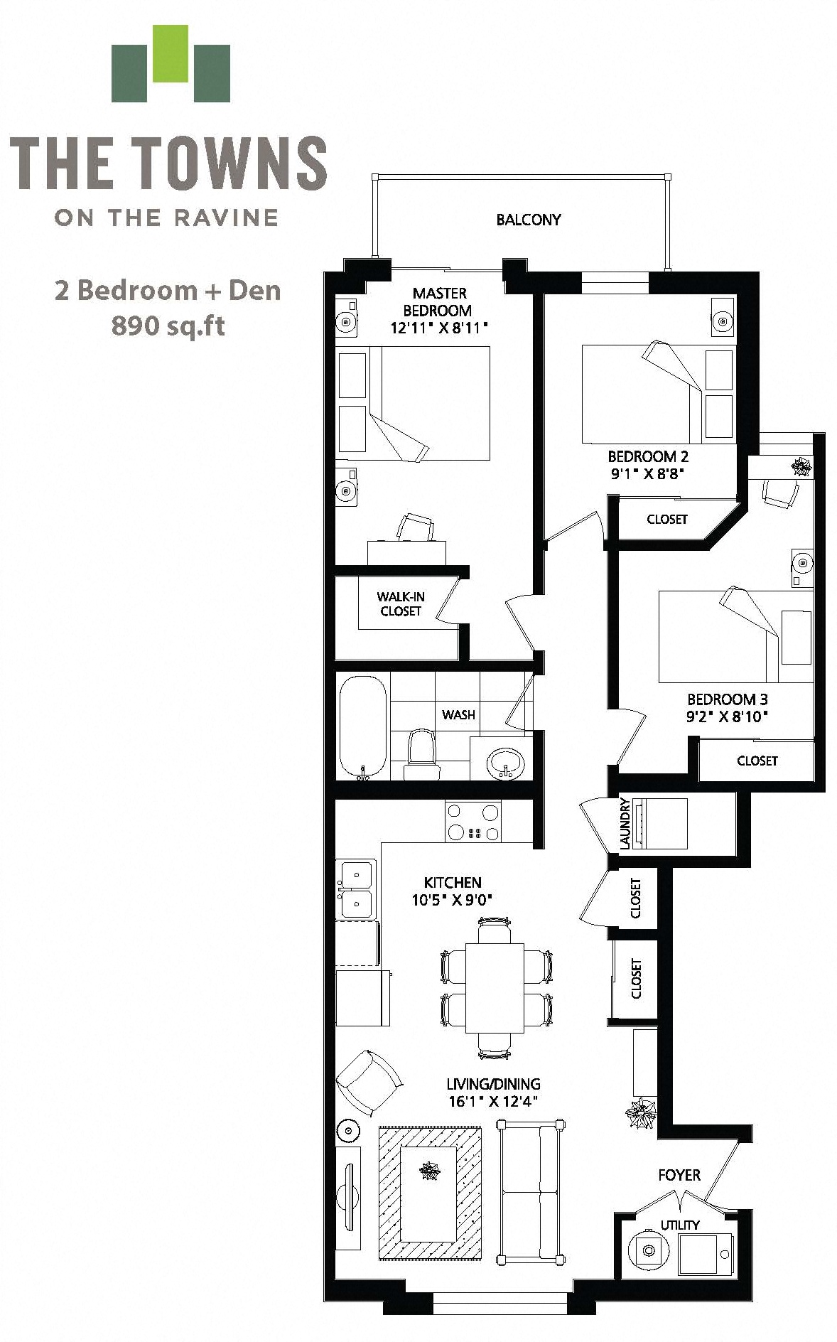 Floor plan of 3 bed, 2 bath at Towns on the Ravine in North York, ON