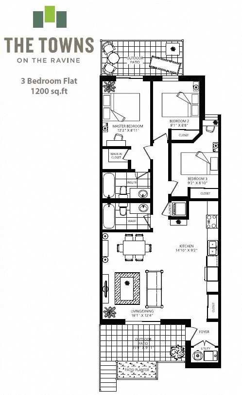 Floor plan of 3 bed, 2 bath at Towns on the Ravine in North York, ON
