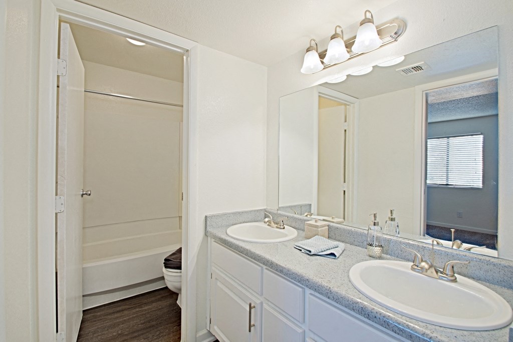 a bathroom with two sinks and a large mirror