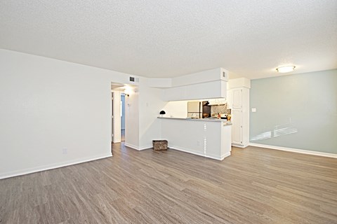 the living room and kitchen of an apartment with wood flooring