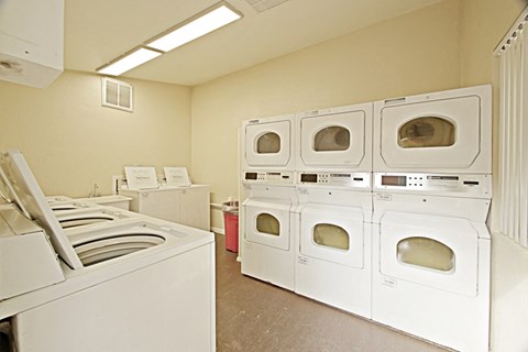 a row of washers and dryers in a laundry room